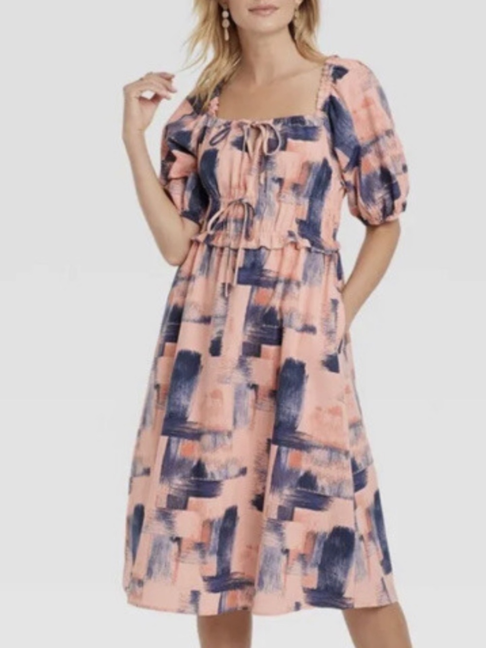 Universal Thread Peachy/pink Midi Dress with Navy Abstract Print